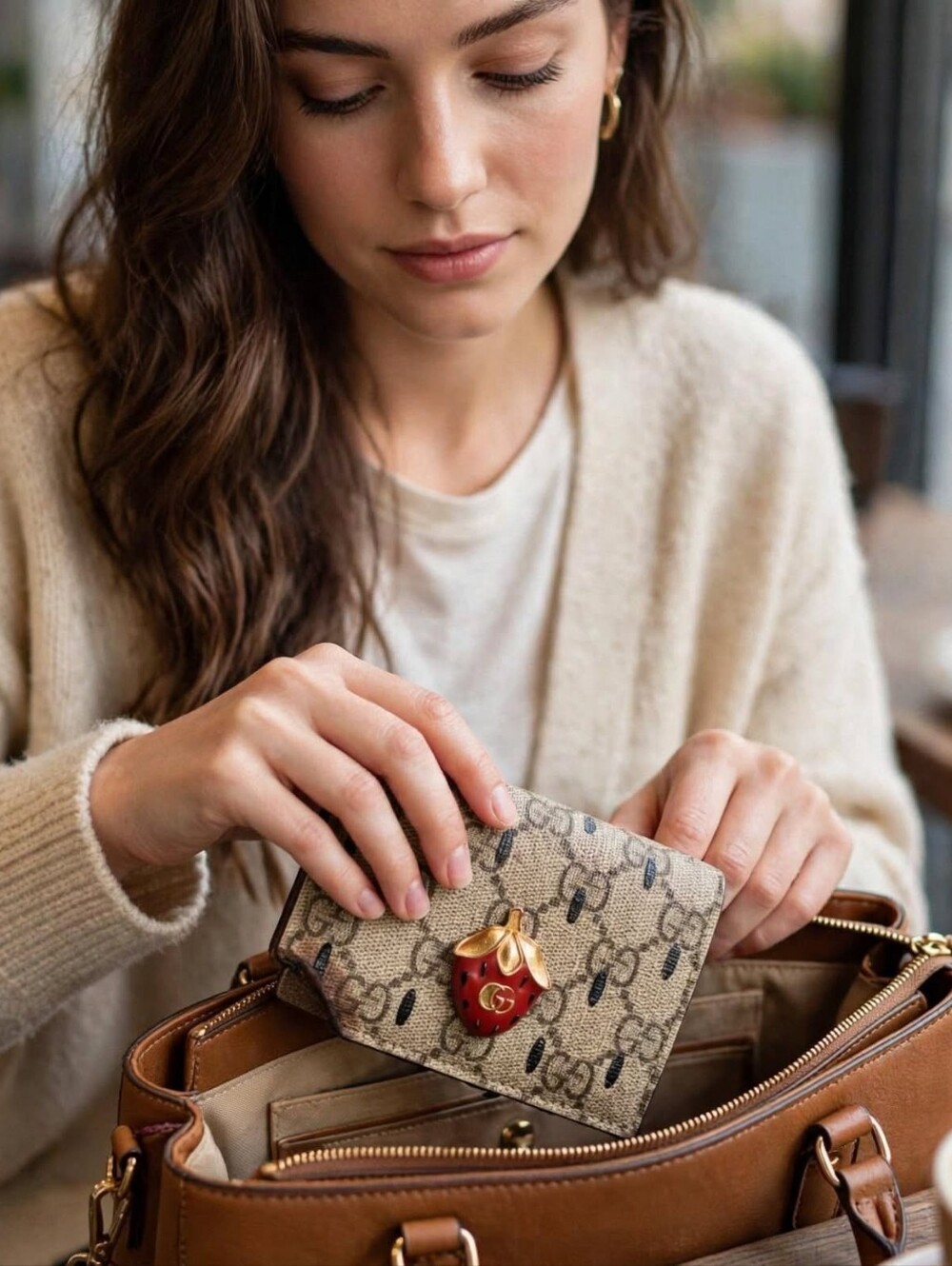 Gucci Beige and Red Strawberry Accent Wallet AUTHENTIC